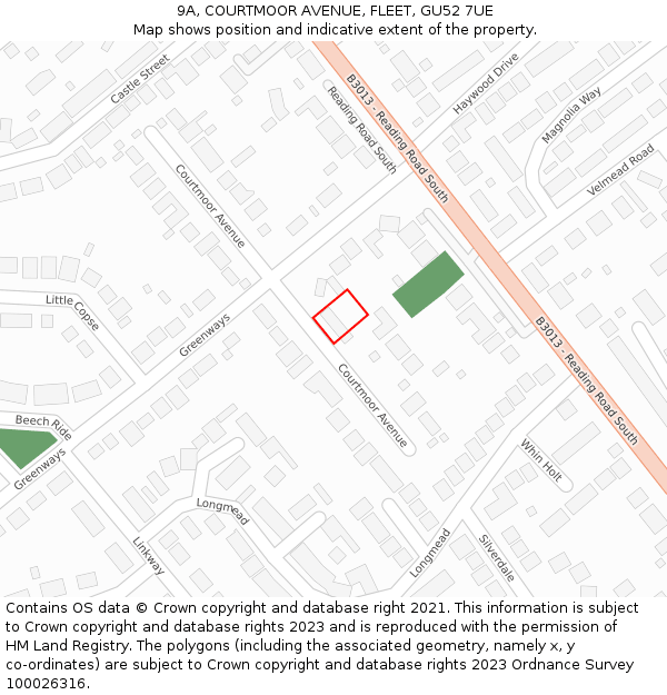 9A, COURTMOOR AVENUE, FLEET, GU52 7UE: Location map and indicative extent of plot