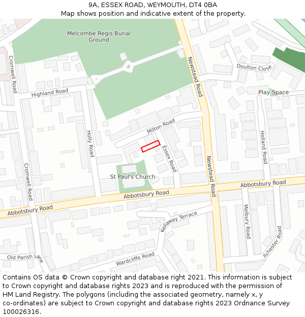 9A, ESSEX ROAD, WEYMOUTH, DT4 0BA: Location map and indicative extent of plot