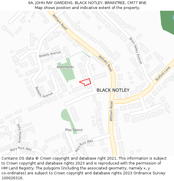 9A, JOHN RAY GARDENS, BLACK NOTLEY, BRAINTREE, CM77 8NE: Location map and indicative extent of plot