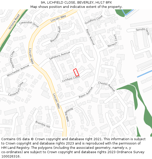 9A, LICHFIELD CLOSE, BEVERLEY, HU17 8PX: Location map and indicative extent of plot