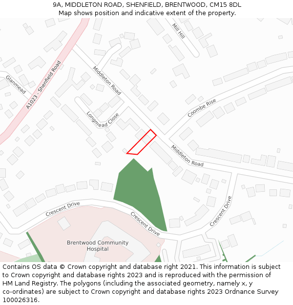 9A, MIDDLETON ROAD, SHENFIELD, BRENTWOOD, CM15 8DL: Location map and indicative extent of plot