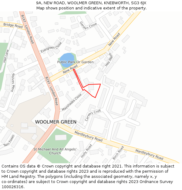 9A, NEW ROAD, WOOLMER GREEN, KNEBWORTH, SG3 6JX: Location map and indicative extent of plot