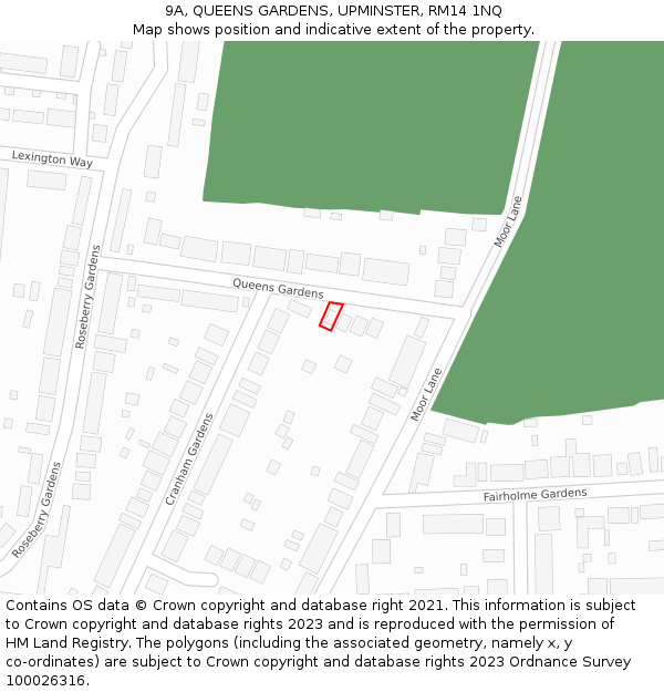9A, QUEENS GARDENS, UPMINSTER, RM14 1NQ: Location map and indicative extent of plot