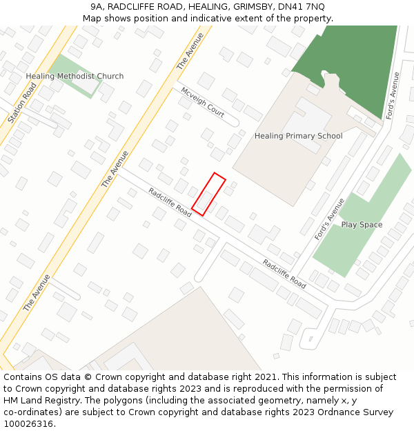9A, RADCLIFFE ROAD, HEALING, GRIMSBY, DN41 7NQ: Location map and indicative extent of plot