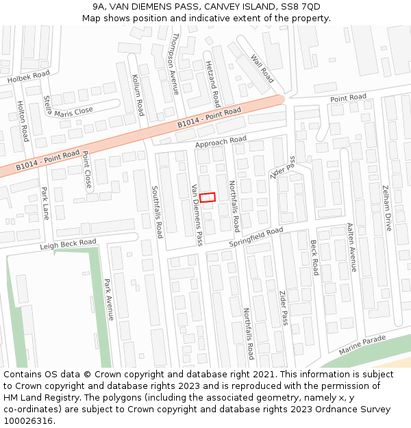 9A, VAN DIEMENS PASS, CANVEY ISLAND, SS8 7QD: Location map and indicative extent of plot