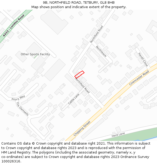 9B, NORTHFIELD ROAD, TETBURY, GL8 8HB: Location map and indicative extent of plot