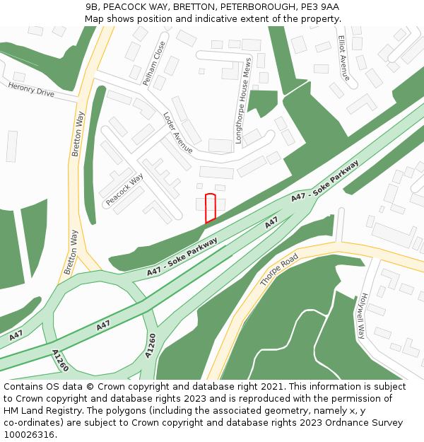 9B, PEACOCK WAY, BRETTON, PETERBOROUGH, PE3 9AA: Location map and indicative extent of plot