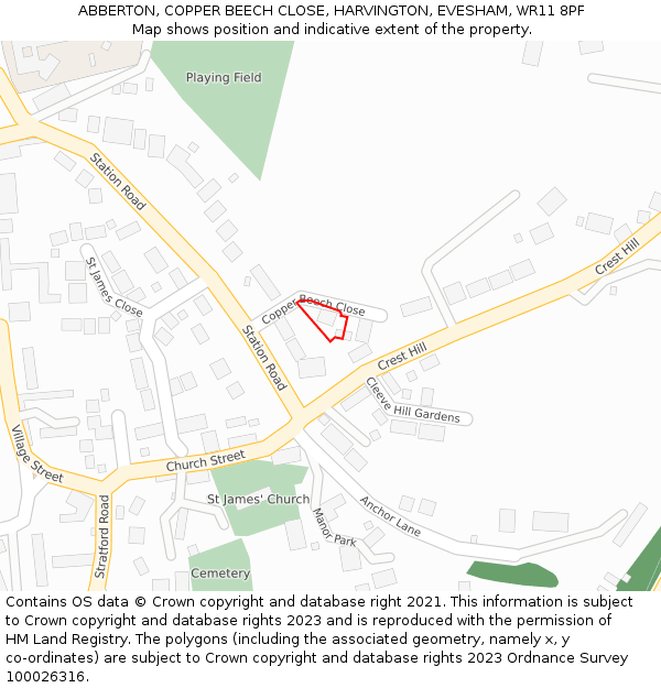 ABBERTON, COPPER BEECH CLOSE, HARVINGTON, EVESHAM, WR11 8PF: Location map and indicative extent of plot