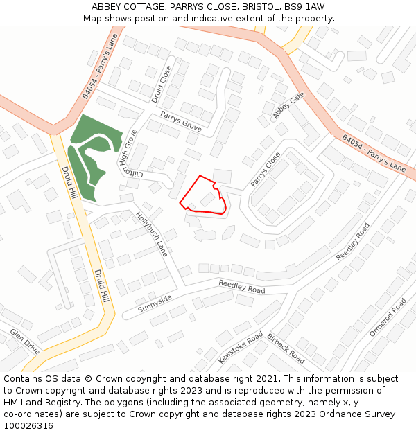 ABBEY COTTAGE, PARRYS CLOSE, BRISTOL, BS9 1AW: Location map and indicative extent of plot