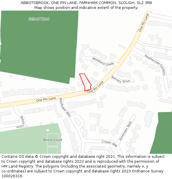 ABBOTSBROOK, ONE PIN LANE, FARNHAM COMMON, SLOUGH, SL2 3RB: Location map and indicative extent of plot