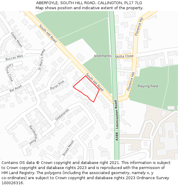 ABERFOYLE, SOUTH HILL ROAD, CALLINGTON, PL17 7LG: Location map and indicative extent of plot