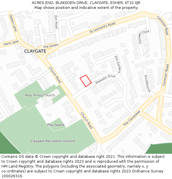 ACRES END, BLAKEDEN DRIVE, CLAYGATE, ESHER, KT10 0JR: Location map and indicative extent of plot