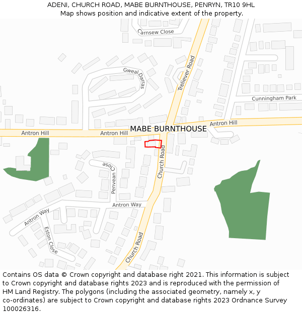 ADENI, CHURCH ROAD, MABE BURNTHOUSE, PENRYN, TR10 9HL: Location map and indicative extent of plot