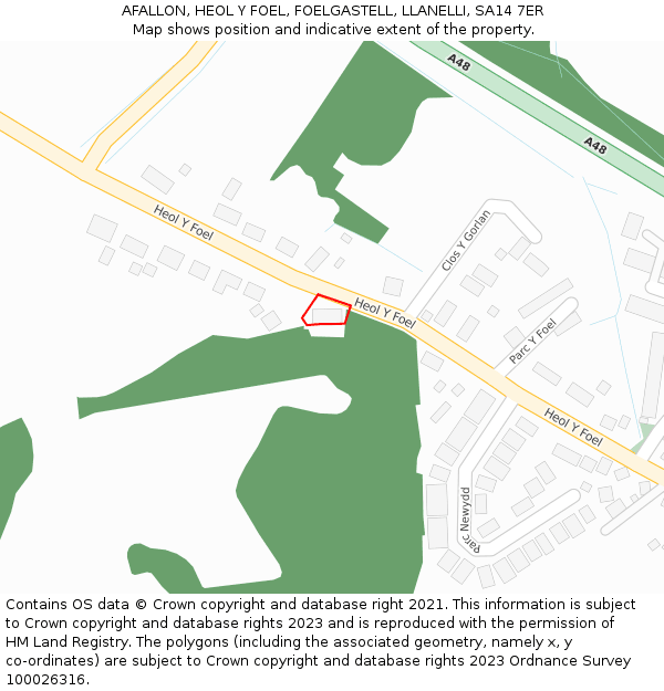 AFALLON, HEOL Y FOEL, FOELGASTELL, LLANELLI, SA14 7ER: Location map and indicative extent of plot