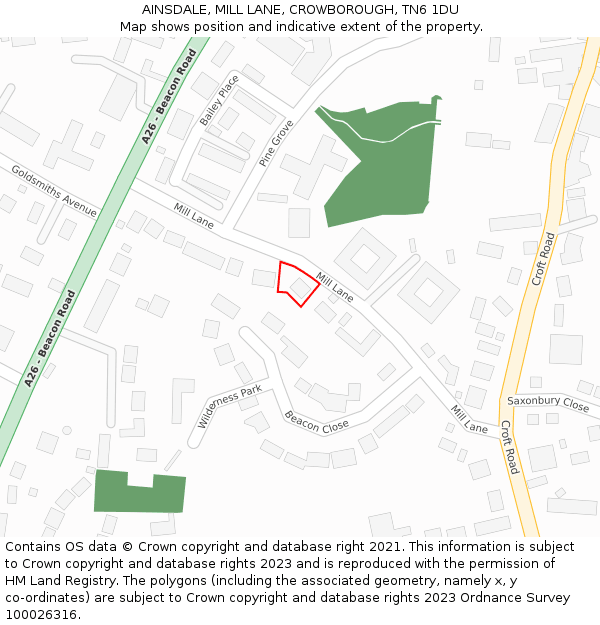 AINSDALE, MILL LANE, CROWBOROUGH, TN6 1DU: Location map and indicative extent of plot