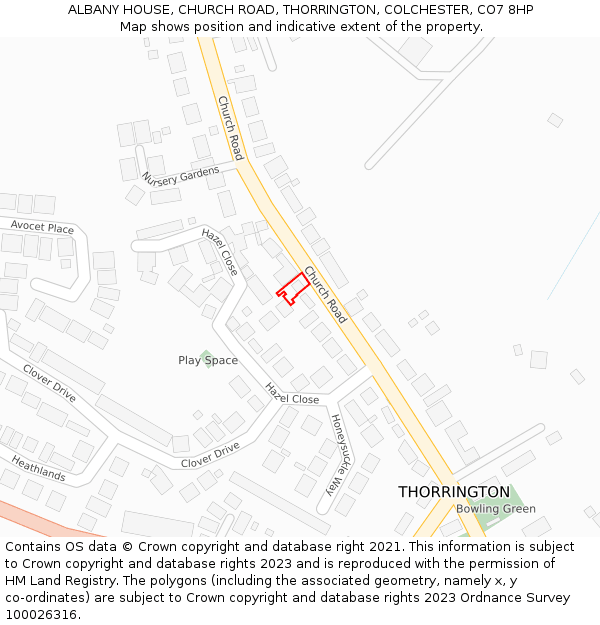 ALBANY HOUSE, CHURCH ROAD, THORRINGTON, COLCHESTER, CO7 8HP: Location map and indicative extent of plot
