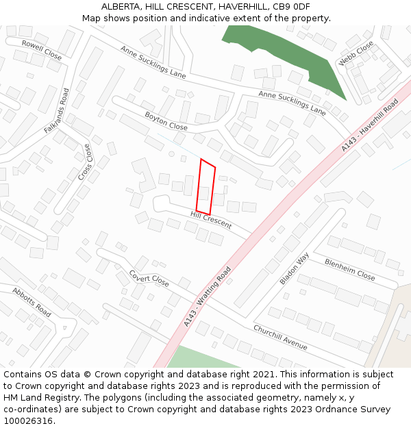 ALBERTA, HILL CRESCENT, HAVERHILL, CB9 0DF: Location map and indicative extent of plot