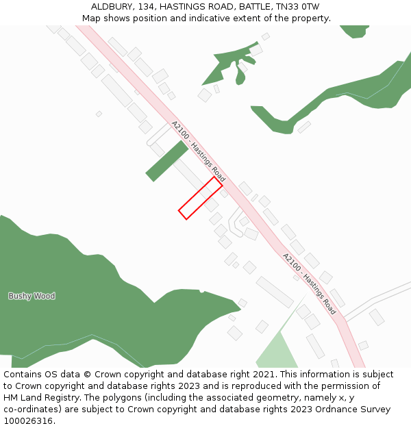 ALDBURY, 134, HASTINGS ROAD, BATTLE, TN33 0TW: Location map and indicative extent of plot