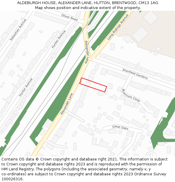 ALDEBURGH HOUSE, ALEXANDER LANE, HUTTON, BRENTWOOD, CM13 1AG: Location map and indicative extent of plot
