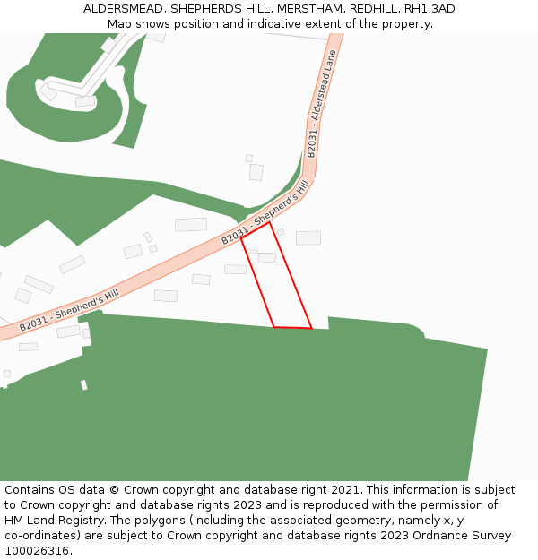 ALDERSMEAD, SHEPHERDS HILL, MERSTHAM, REDHILL, RH1 3AD: Location map and indicative extent of plot