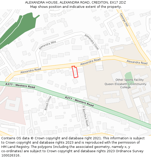 ALEXANDRA HOUSE, ALEXANDRA ROAD, CREDITON, EX17 2DZ: Location map and indicative extent of plot