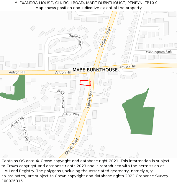 ALEXANDRA HOUSE, CHURCH ROAD, MABE BURNTHOUSE, PENRYN, TR10 9HL: Location map and indicative extent of plot