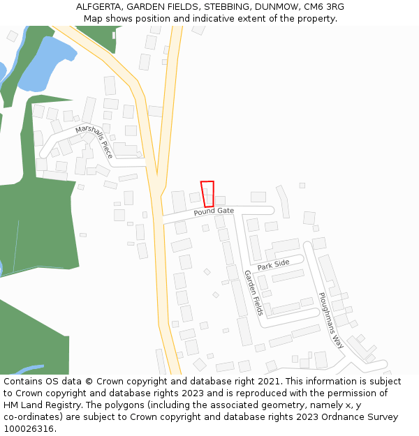 ALFGERTA, GARDEN FIELDS, STEBBING, DUNMOW, CM6 3RG: Location map and indicative extent of plot