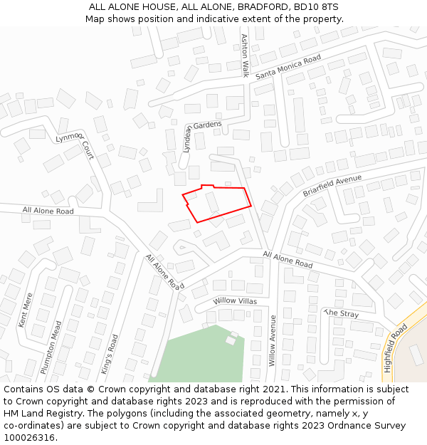 ALL ALONE HOUSE, ALL ALONE, BRADFORD, BD10 8TS: Location map and indicative extent of plot