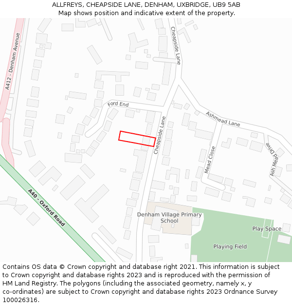 ALLFREYS, CHEAPSIDE LANE, DENHAM, UXBRIDGE, UB9 5AB: Location map and indicative extent of plot