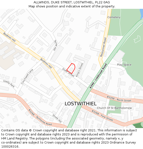 ALLWINDS, DUKE STREET, LOSTWITHIEL, PL22 0AG: Location map and indicative extent of plot