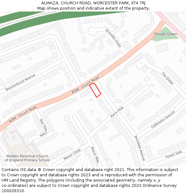 ALMAZA, CHURCH ROAD, WORCESTER PARK, KT4 7RJ: Location map and indicative extent of plot