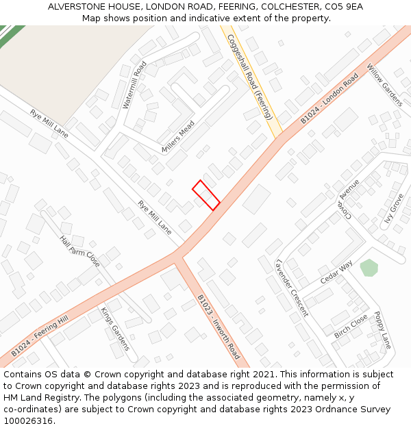 ALVERSTONE HOUSE, LONDON ROAD, FEERING, COLCHESTER, CO5 9EA: Location map and indicative extent of plot