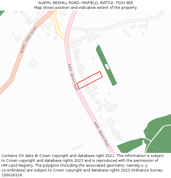 ALWYN, BEXHILL ROAD, NINFIELD, BATTLE, TN33 9EE: Location map and indicative extent of plot