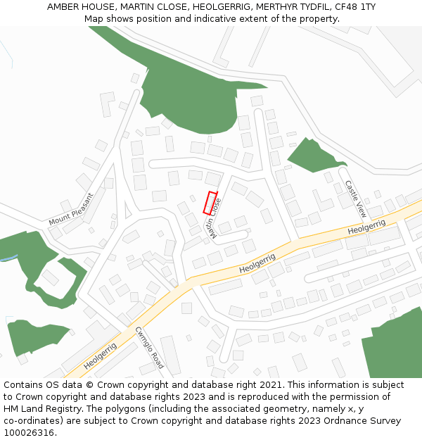 AMBER HOUSE, MARTIN CLOSE, HEOLGERRIG, MERTHYR TYDFIL, CF48 1TY: Location map and indicative extent of plot