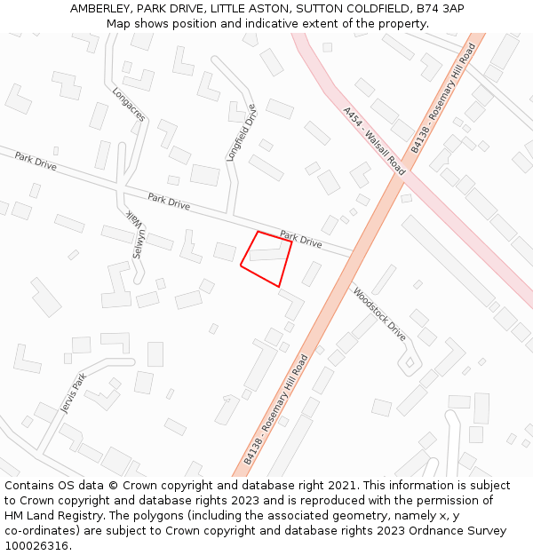 AMBERLEY, PARK DRIVE, LITTLE ASTON, SUTTON COLDFIELD, B74 3AP: Location map and indicative extent of plot