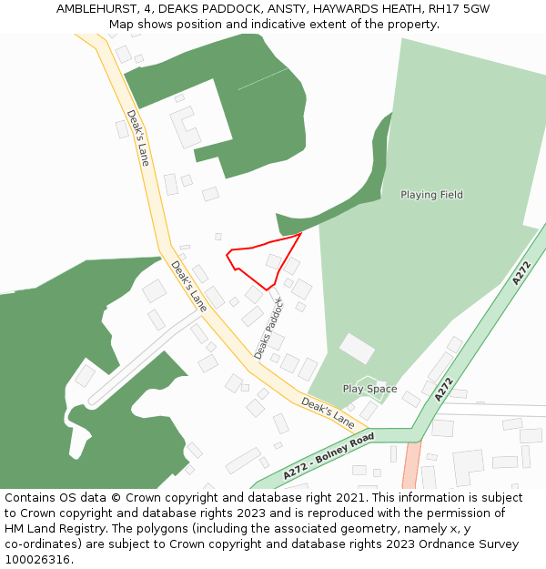 AMBLEHURST, 4, DEAKS PADDOCK, ANSTY, HAYWARDS HEATH, RH17 5GW: Location map and indicative extent of plot