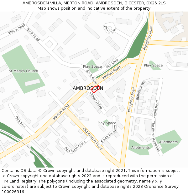 AMBROSDEN VILLA, MERTON ROAD, AMBROSDEN, BICESTER, OX25 2LS: Location map and indicative extent of plot