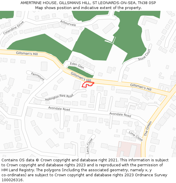 AMERTRINE HOUSE, GILLSMANS HILL, ST LEONARDS-ON-SEA, TN38 0SP: Location map and indicative extent of plot