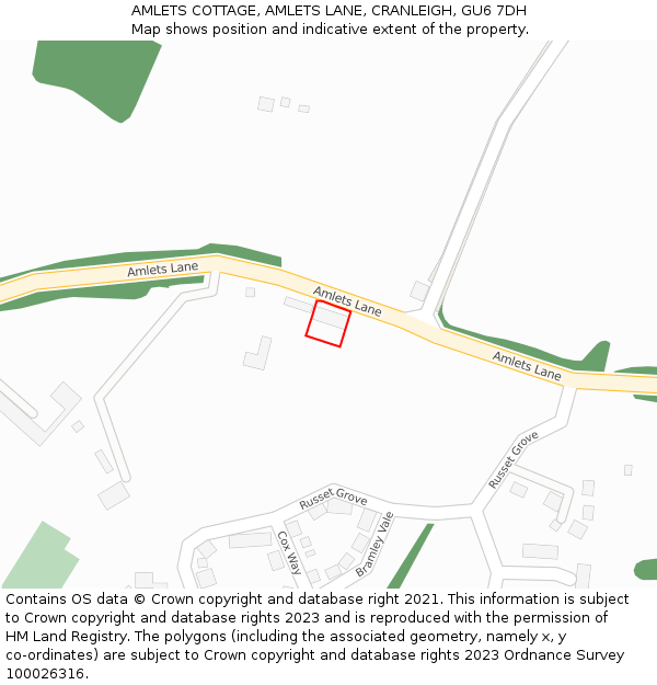 AMLETS COTTAGE, AMLETS LANE, CRANLEIGH, GU6 7DH: Location map and indicative extent of plot