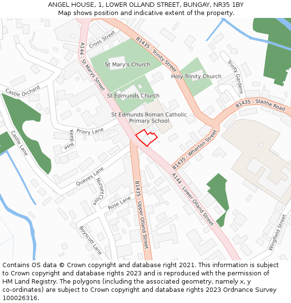 ANGEL HOUSE, 1, LOWER OLLAND STREET, BUNGAY, NR35 1BY: Location map and indicative extent of plot