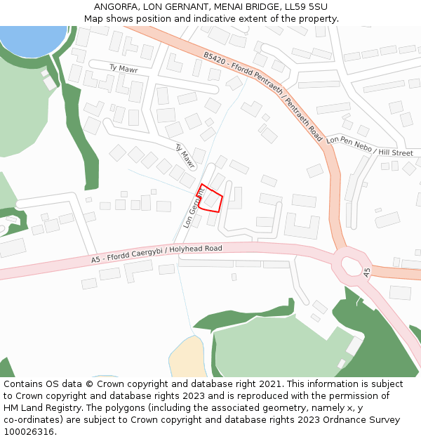 ANGORFA, LON GERNANT, MENAI BRIDGE, LL59 5SU: Location map and indicative extent of plot