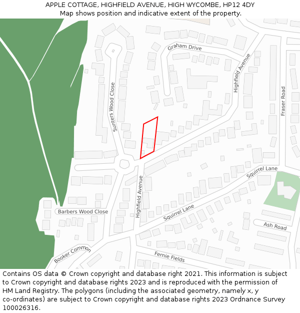 APPLE COTTAGE, HIGHFIELD AVENUE, HIGH WYCOMBE, HP12 4DY: Location map and indicative extent of plot