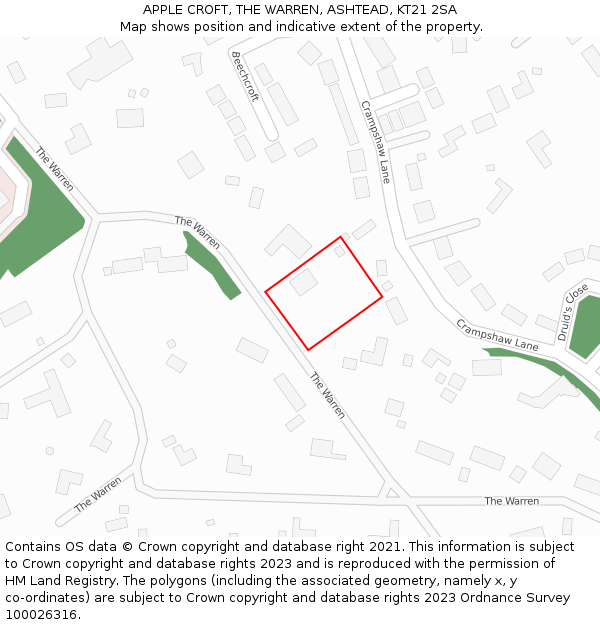 APPLE CROFT, THE WARREN, ASHTEAD, KT21 2SA: Location map and indicative extent of plot