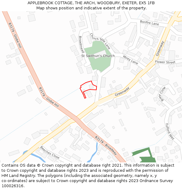 APPLEBROOK COTTAGE, THE ARCH, WOODBURY, EXETER, EX5 1FB: Location map and indicative extent of plot