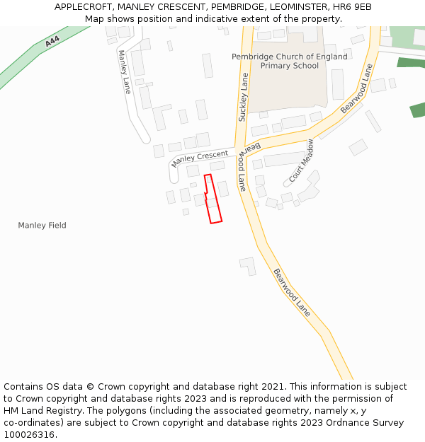 APPLECROFT, MANLEY CRESCENT, PEMBRIDGE, LEOMINSTER, HR6 9EB: Location map and indicative extent of plot
