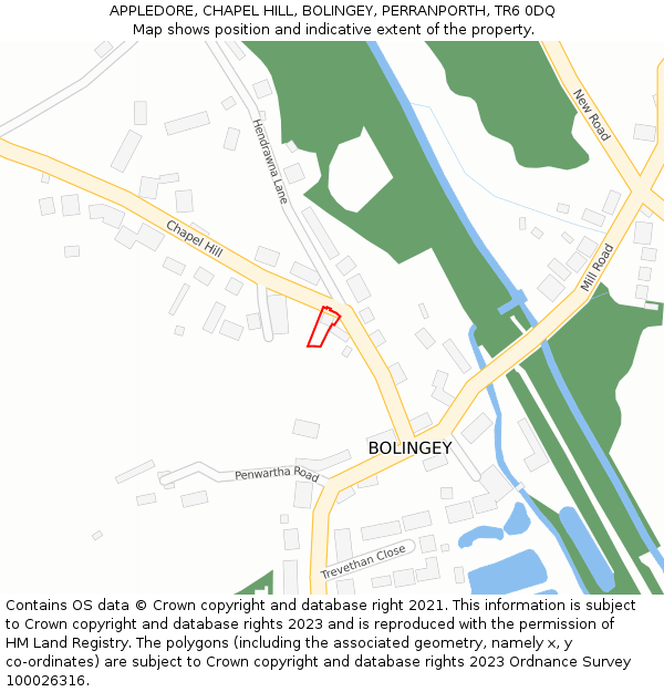 APPLEDORE, CHAPEL HILL, BOLINGEY, PERRANPORTH, TR6 0DQ: Location map and indicative extent of plot