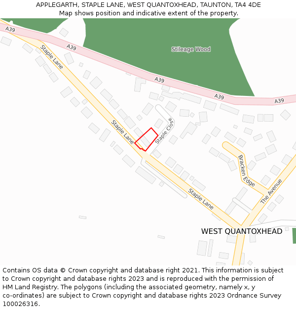 APPLEGARTH, STAPLE LANE, WEST QUANTOXHEAD, TAUNTON, TA4 4DE: Location map and indicative extent of plot