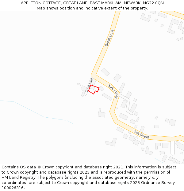 APPLETON COTTAGE, GREAT LANE, EAST MARKHAM, NEWARK, NG22 0QN: Location map and indicative extent of plot