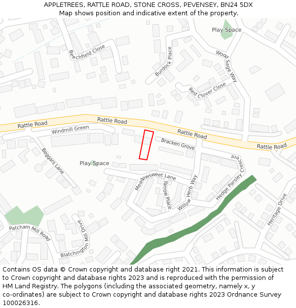 APPLETREES, RATTLE ROAD, STONE CROSS, PEVENSEY, BN24 5DX: Location map and indicative extent of plot