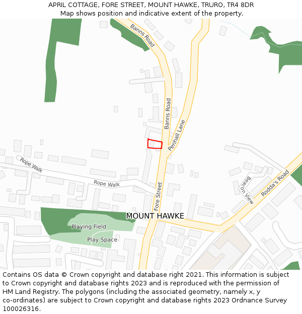 APRIL COTTAGE, FORE STREET, MOUNT HAWKE, TRURO, TR4 8DR: Location map and indicative extent of plot